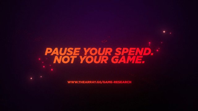 Video Reference: text graphic, promotional, gaming, advertisement, neon, dark background, typography, budget, spending, game research, call to action, abstract particles, orange text, red text