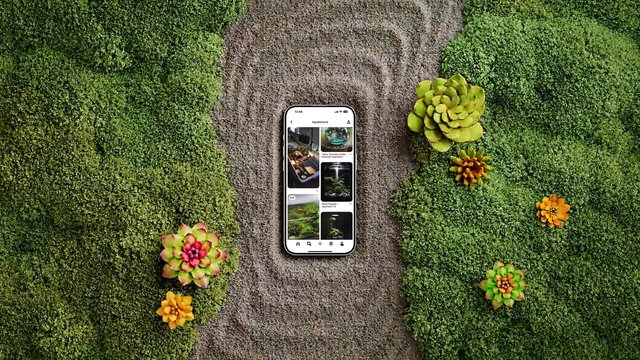 Video Reference: smartphone, overhead view, gravel, moss, succulents, plants, garden, nature, mobile screen, flat lay, greenery, outdoor, top view, terrarium, decorative