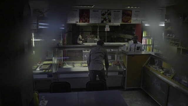 Video Reference: Countertop, Kitchen, Cabinetry, Glass, Darkness, Room, Machine, Cooking, Night, Shelf