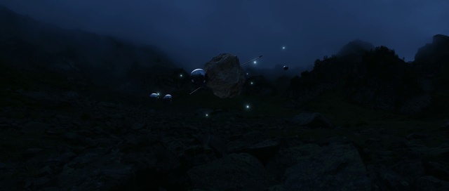 Video Reference: Astronomical object, Landscape, Midnight, Electric blue, Slope, Space, Darkness, Science, Mountain range, Sky