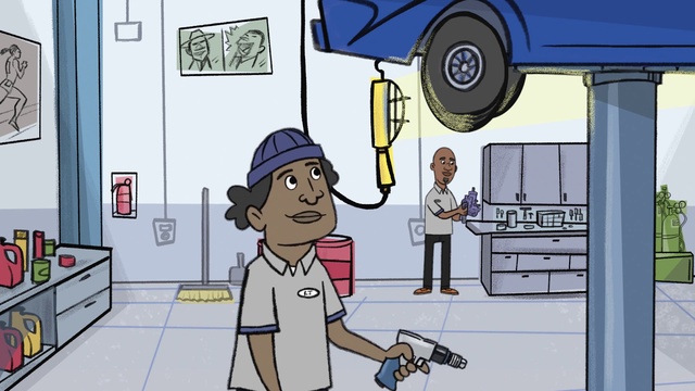 Video Reference: Cartoon, Product, Mode of transport, Tire, Line, Motor vehicle, Art, Wheel, Illustration, Window