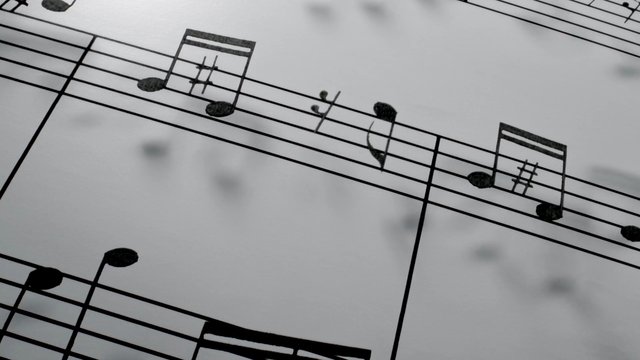Video Reference: sheet music, musical notes, notation, music score, close-up, diagonal, black and white, paper, instrumental, composition, symbol, abstract, blurred background