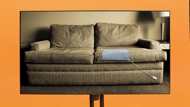 Video Reference: Furniture, Couch, Rectangle, Black, Lighting, Wood, Line, Font, studio couch, Tints and shades