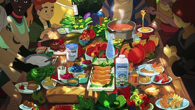 Video Reference: Green, Cartoon, Food, Organism, Art, Cuisine, Sharing, Natural foods, Event, Fictional character