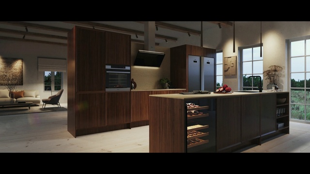 Video Reference: Cabinetry, Countertop, Building, Kitchen, Wood, Interior design, Floor, Flooring, Chair, Cupboard