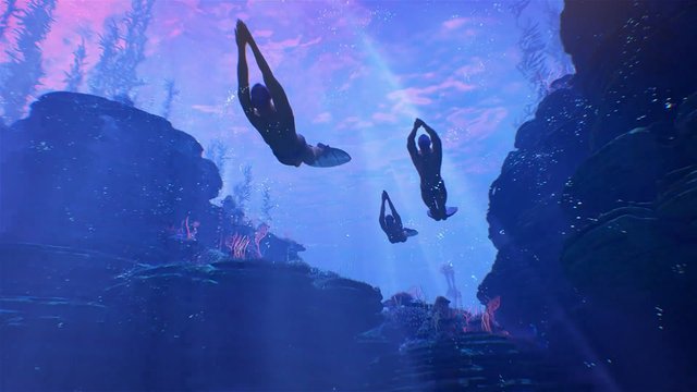Video Reference: underwater, swimmers, swimming, ocean, aquatic, blue, sunlight, rocky, coral, silhouette, group, diving, reef, water