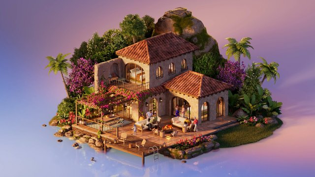 Video Reference: tropical house, island, patio, dock, palms, garden, sunset, water, terracotta roof, fire pit, outdoor gathering, flowers, villa, architecture, landscape, render