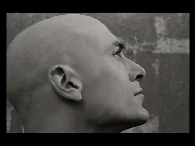 Video Reference: portrait, side profile, bald, man, grayscale, close-up, face, head, profile, studio-like, textured background, human