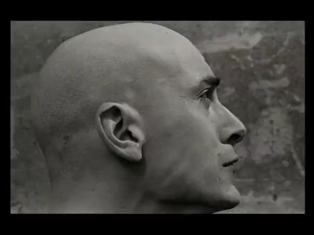Video Reference: black and white, profile, bald, head, portrait, side view, human, close up, studio, monochrome, face, ear, neck, textured background