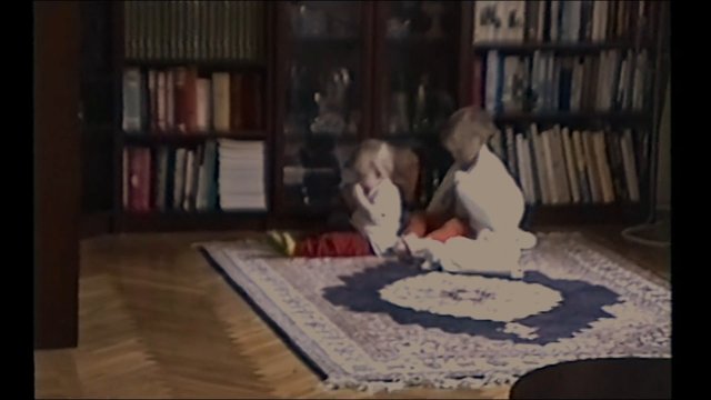 Video Reference: indoor, children, kids, bookcase, bookshelf, rug, carpet, living room, home, floor, sitting, blurred, dim light, family, interior
