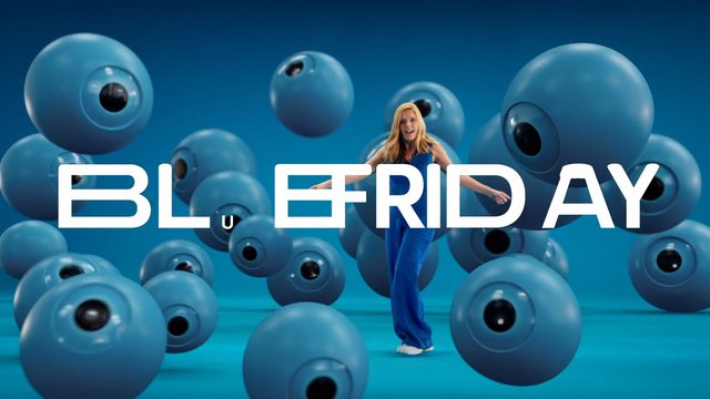 Video Reference: studio, woman, blue background, floating spheres, 3d render, graphic text, performance, pop video, abstract, fashion, full body, bright lighting, eye shapes, music video, modern, colorful