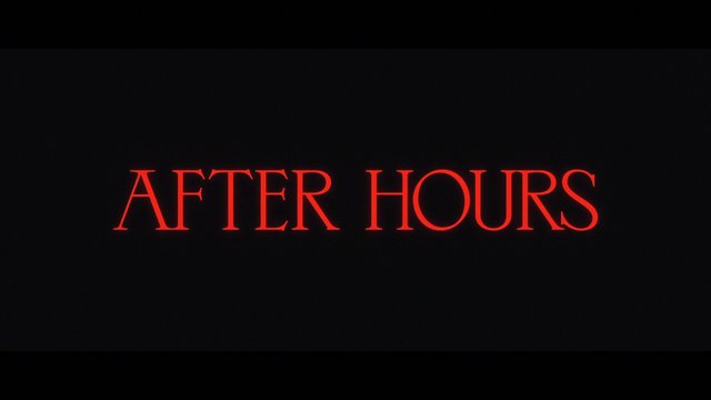 Video Reference: title card, text, black background, red lettering, typography, minimal, cinematic, opening credits, after hours