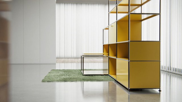 Video Reference: modern interior, minimalist, shelving unit, yellow panels, metal frame, glossy floor, green rug, white walls, vertical blinds, empty room, architectural design, contemporary furniture