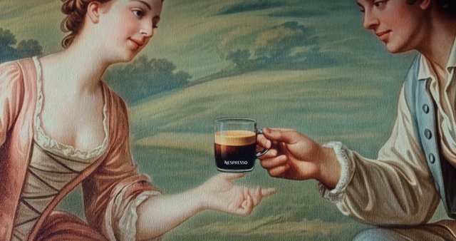 Video Reference: coffee, cup, Nespresso, man, woman, painting, portrait, offer, beverage, romantic, artwork, hands, vintage, advertisement