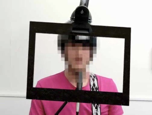 Video Reference: person, indoor, pink shirt, portrait, framed, device, rig, face blurred, pixelated, standing, plain background
