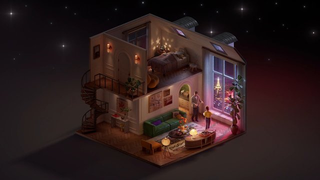 Video Reference: interior, cutaway, house, living room, bedroom, night, city view, cozy, modern decor, stairs, window, people, 3d render, apartment, lighting, home