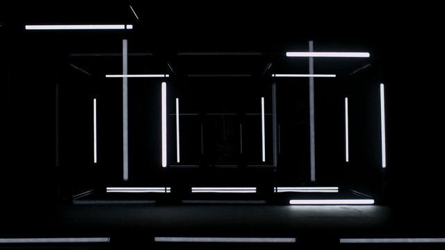 Video Reference: abstract, neon, light bars, geometric, dark background, symmetry, futuristic, minimalism, tunnel, LED, modern, installation, glow, pattern, interior, vignette