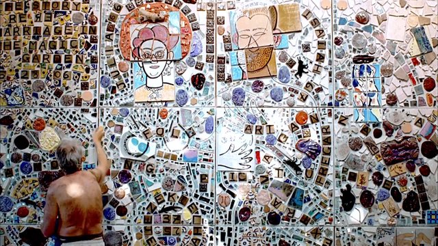 Video Reference: mosaic, mural, wall art, tiles, abstract, person, artist, indoor, colorful, collage, handmade, portrait, letters, creative, artwork, workshop