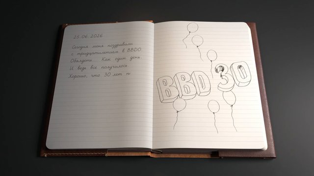 Video Reference: notebook, journal, handwriting, Russian text, balloons, birthday, anniversary, sketch, drawing, open book, lined paper, celebration, 30, BBDO, stationery, desk