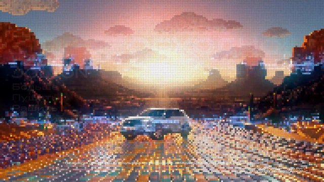 Video Reference: car, road, sunset, sunrise, city, traffic, animation, pixelated, landscape, evening, drive, sky, buildings, trees, advertisement, text
