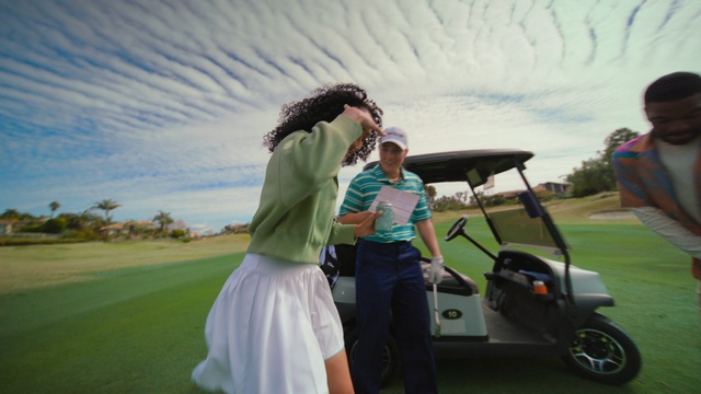 Video Reference: Golf cart, Wheel, Cloud, Sky, Tire, Vehicle, Golf equipment, Golf club, Car, Plant