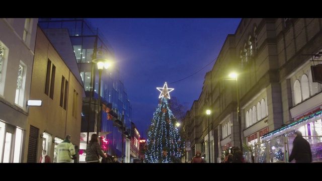Video Reference: Sky, Building, Christmas tree, Window, Plant, Electricity, Street light, Neighbourhood, Christmas ornament, Line