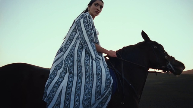 Video Reference: Horse, Sky, Sleeve, Working animal, Landscape, Fashion design, Formal wear, Horse tack, Bridle, Horse supplies