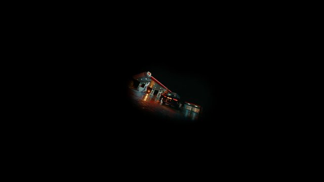 Video Reference: night, gas station, car, wet pavement, reflection, dark, wide angle, urban, forecourt, fuel station, low light, cinematic, outdoors