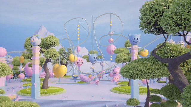 Video Reference: 3d, render, fantasy, park, colorful, cartoon, sculptures, trees, balloons, playful, pastel, landscape, amusement, surreal
