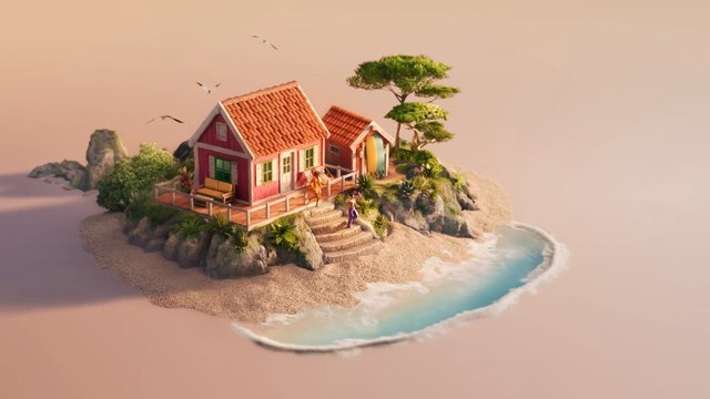 Video Reference: island, beach, houses, shoreline, trees, birds, sand, rocks, ocean, coast, tropical, miniature, stylized, sunset, vacation, seaside