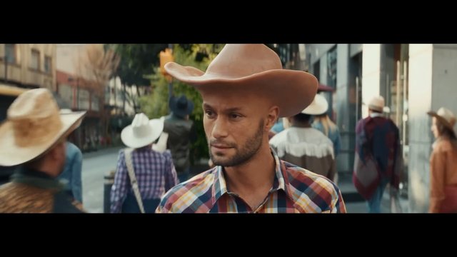 Video Reference: man, cowboy hat, plaid shirt, street, outdoors, group of people, urban, daytime, buildings, walking, hat, western style, crowd