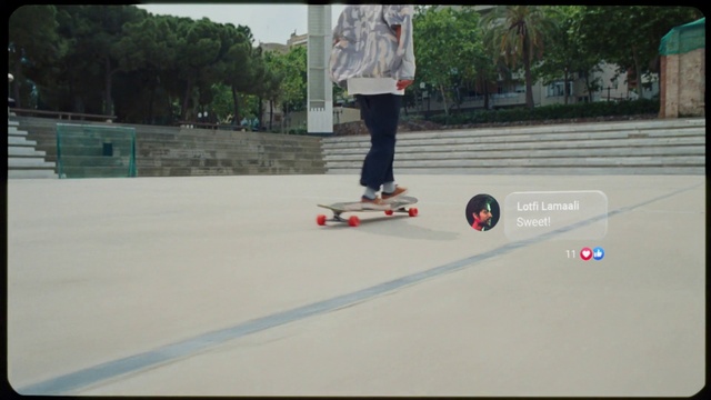 Video Reference: Footwear, Sports equipment, Wheel, Skateboard deck, Skateboard, Skateboarder, Tree, Asphalt, Rolling, Skateboarding