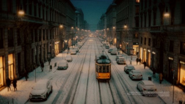 Video Reference: snow, city street, tram, streetcar, winter, dusk, urban, tracks, buildings, cars, pedestrians, streetlights, night, travel, transportation, aerial view