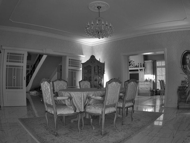 Video Reference: interior, dining room, chandelier, ornate furniture, table, chairs, luxury home, kitchen doorway, staircase, marble floor, home decor, indoor, empty room, grayscale