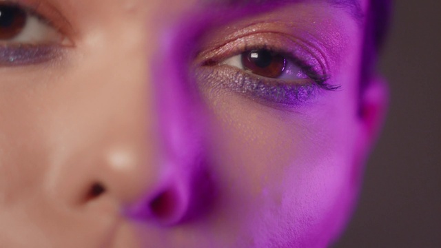 Video Reference: Nose, Cheek, Lip, Colorfulness, Eyelash, Purple, Iris, Violet, Flash photography, Pink