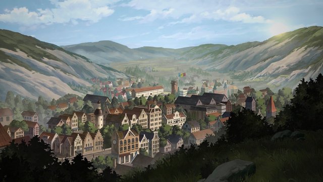 Video Reference: mountain valley, town, village, panorama, landscape, illustration, animated background, buildings, trees, sky, hills, countryside, scenic, aerial view, architecture, flag