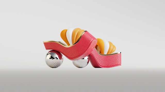 Video Reference: high heels, shoes, fashion, red, gold trim, stylized, 3d render, abstract, disco ball, studio background, product shot, pair, textured, colorful