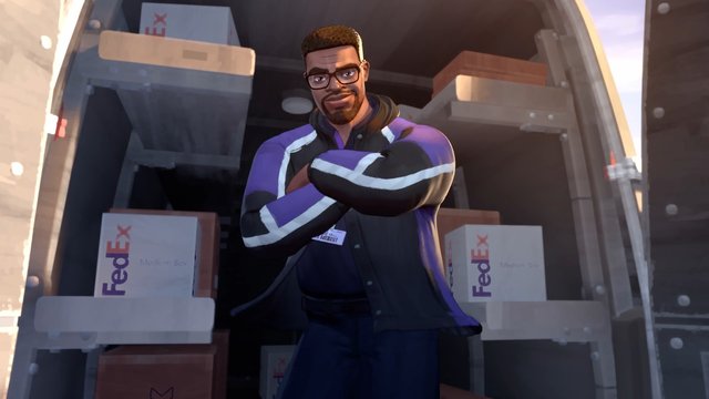 Video Reference: animated, man, glasses, delivery truck, shipping boxes, FedEx, warehouse, cargo, packages, standing, folded arms, cartoon, logistics, open truck, parcel, loading bay