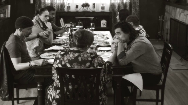 Video Reference: Table, Black-and-white, Style, Chair, Interaction, Monochrome, Jacket, Tableware, Monochrome photography, Event