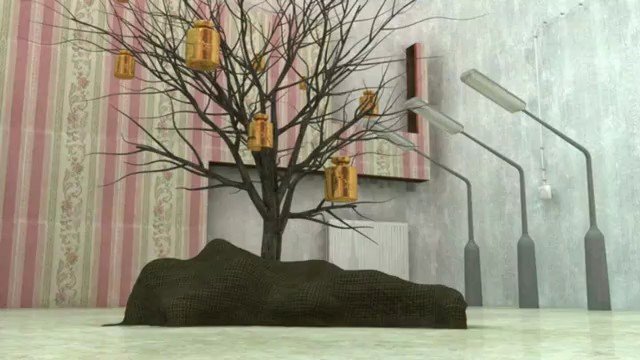 Video Reference: indoor, decorative tree, hanging lanterns, floor lamps, interior design, abstract decor, striped wall, textured wall, art installation, minimalist, modern, room, sculpture, branches, lighting, decor