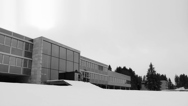 Video Reference: Building, Sky, Window, Tree, Slope, Black-and-white, Snow, Urban design, Facade, Tints and shades