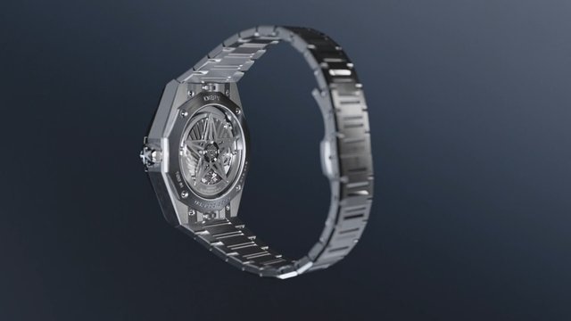 Video Reference: wristwatch, watch, luxury, metal, silver, skeleton dial, timepiece, bracelet, product shot, isolated, dark background, studio lighting, close-up, fashion accessory