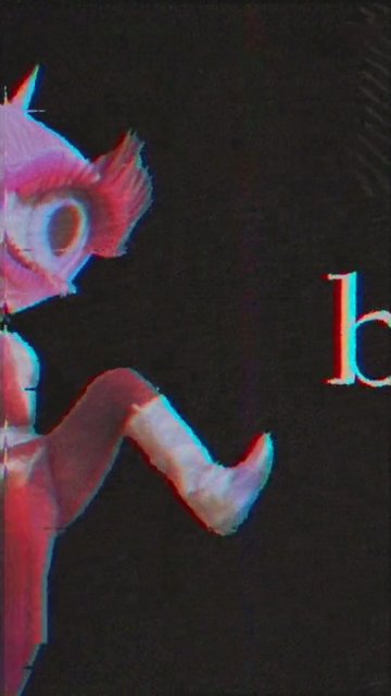 Video Reference: animated character, cartoon, close-up, pink, dark background, partial text, stylized, glitch effect, digital art