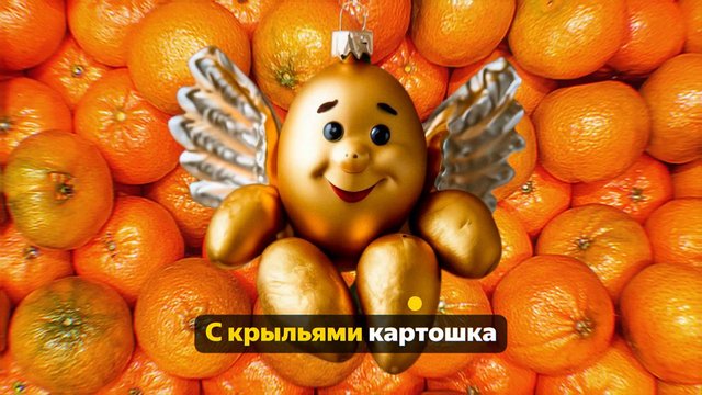 Video Reference: cartoon, potato, wings, oranges, fruit, gold, smiling, animation, Russian text, banner, close-up, colorful, fantasy, food background