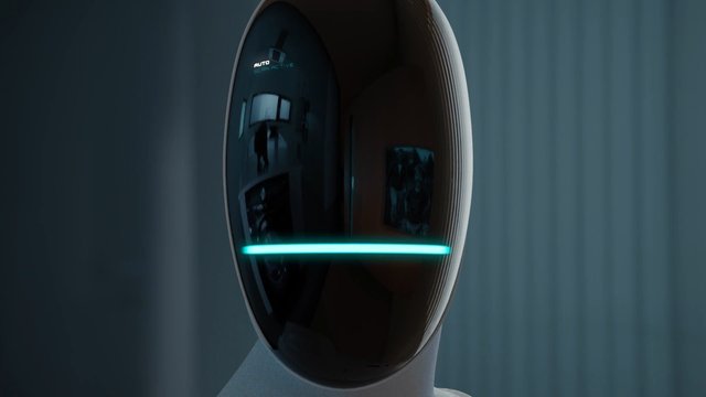 Video Reference: robot, humanoid, android, futuristic, technology, ai, visor, glowing, sleek, metallic, science fiction, portrait, close-up, device, automation