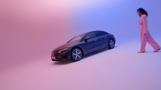 Video Reference: sedan, car, studio, gradient background, pink, blue, woman, fashion, automotive, minimal, modern, luxury, side view, clean background