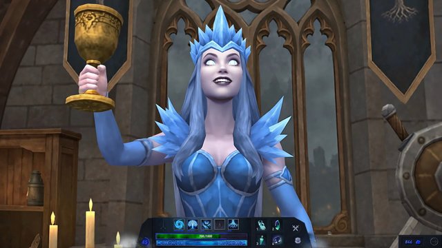 Video Reference: fantasy, animated character, female, goblet, castle interior, candles, blue dress, spiky crown, arched windows, video game UI, medieval, magic, 3D animation, portrait, throne room, armor