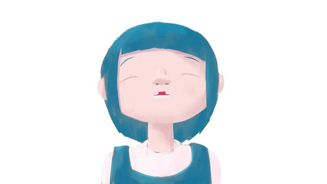 Video Reference: 3d animation, animated girl, close up, blue hair, portrait, cartoon character, white background, child, eyes closed, stylized, face, minimal background