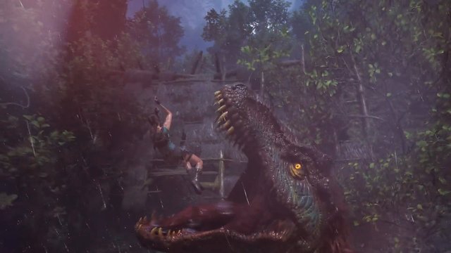Video Reference: jungle, monster, female adventurer, action, danger, reptile, creature, fantasy, game scene, mist, forest, attack, survival, dramatic, cinematic