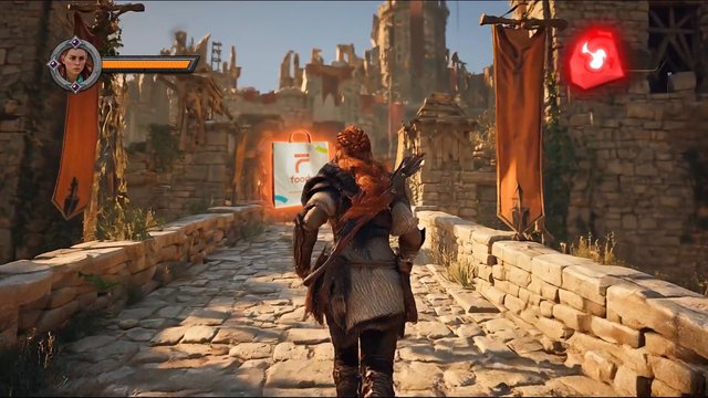 Video Reference: video game, third person, female character, running, stone bridge, ruins, fortress, medieval, fantasy, game HUD, objective marker, adventure, action, outdoor, character back view, quest